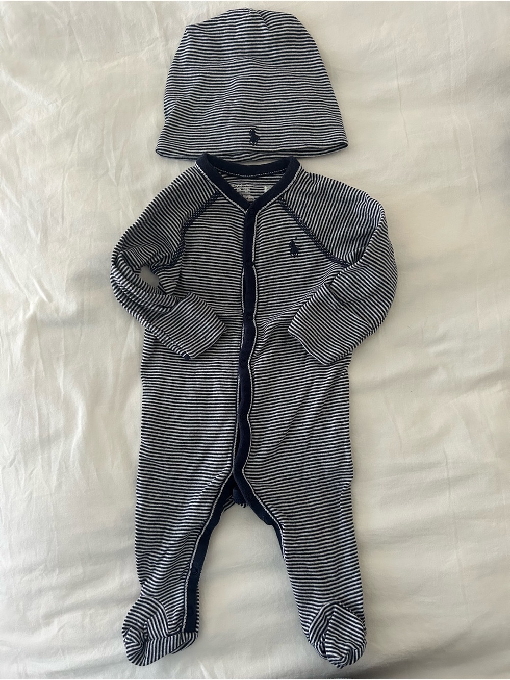 Ralph Lauren Baby Boy Striped Footie and Hat Set Navy Blue Stripes 3M